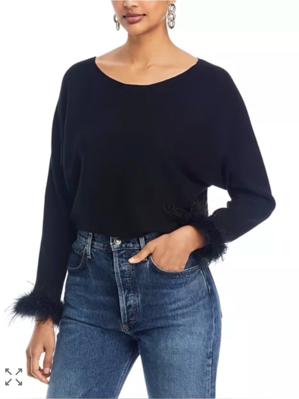 Sioni Feather Trim Cuff Black Boat Neck Sweater Women’s Size 2X